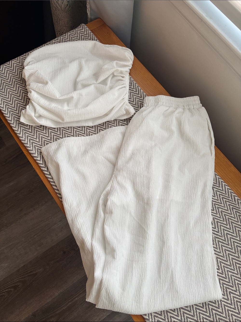 White Two-Piece Textured Set - Crop Top & Wide Pants